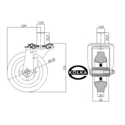 24M*24 : Koło fi. 125 mm metalowo-gumowe  w obud. Skrętnej z bolcem 24 / 24M*24