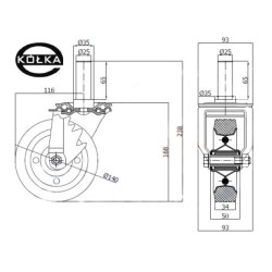 34*25 : Koło fi. 140 mm metalowo-gumowe  w obud. Skrętnej z bolcem 25 / 34*25