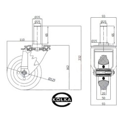 24*25 : Koło fi. 125 mm metalowo-gumowe  w obud. Skrętnej z bolcem 25 / 24*25