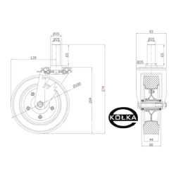 54N*25 : Koło fi. 180 mm metalowo-gumowe w obudowie skrętnej z bolcem 25 / 54N*25