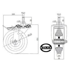 26MH*M10 : Koło fi. 125 mm metalowo-gumowe  w obud. Skrętnej z trzpieniem M10 i hamulcem / 26MH*M10