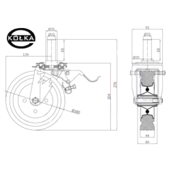 56H*25 : Koło fi. 180 mm metalowo-gumowe w obudowie skrętnej z bolcem 25 i hamulcem / 56H*25