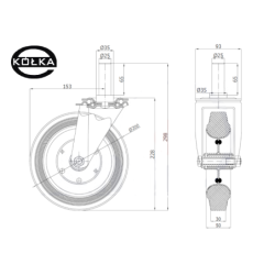 64*25 : Koło fi. 200 mm metalowo-gumowe w obudowie skrętnej z bolcem 25 / 64*25