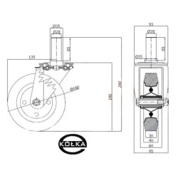 44*28 : Koło fi. 160 mm metalowo-gumowe w obudowie skrętnej z bolcem 28 / 44*28