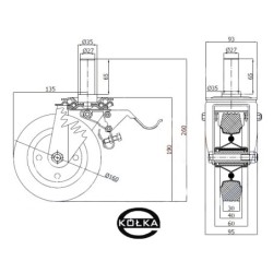 46H*27 : Koło fi. 160 mm metalowo-gumowe w obudowie skrętnej z bolcem 27 i hamulcem / 46H*27