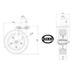 54N*32 : Koło fi. 180 mm metalowo-gumowe w obudowie skrętnej z bolcem 32 / 54N*32