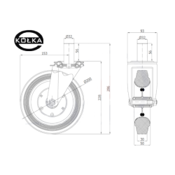 64*32 : Koło fi. 200 mm metalowo-gumowe w obudowie skrętnej z bolcem 32 / 64*32