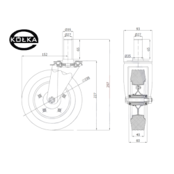64N*27 : Koło fi. 200 mm metalowo-gumowe w obudowie skrętnej z bolcem 27 / 64N*27