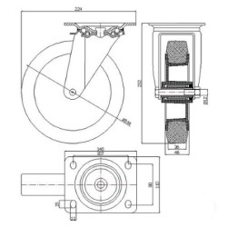 Koło fi. 200 mm tworzywowo-gumowe w obudowie skrętnej / 62T