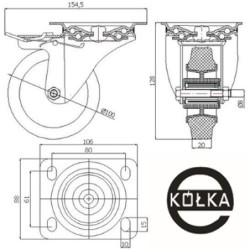 Koło fi. 100 mm tworzywowo-gumowe w obudowie skrętnej z hamulcem / 15TH