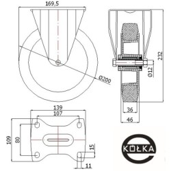 Koło fi. 200 mm tworzywowo-gumowe w obudowie stałej / 63T