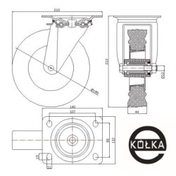 Koło fi. 180 mm tworzywowo-gumowe w obudowie skrętnej, SZARA OPONA / 52TS