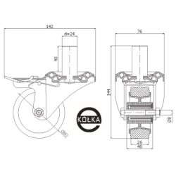 Koło fi. 80 mm tworzywowo-gumowe w obudowie skrętnej z bolcem 24 i hamulcem/ 7TH*24