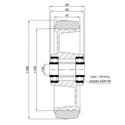 Koło fi. 180 mm aluminiowo-gumowe N: 300kg, otwór 20, SZARE / A50GS