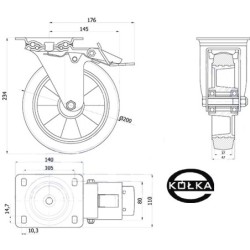Koło fi. 200 mm aluminiowo-gumowe w obud. skrętnej z hamulcem, N: 300kg / A65GWH