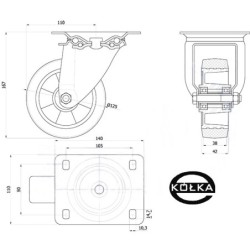 Koło fi. 125 mm aluminiowo-gumowe w obud. skrętnej SZARE, N: 200kg  / A22GS