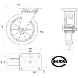 Koło fi. 200 mm aluminiowo-gumowe w obud. skrętnej, N: 250kg / A62G