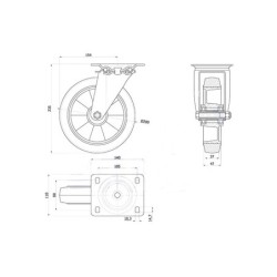 Koło fi. 200 mm aluminiowo-gumowe w obud. skrętnej, N: 250kg SZARE / A62GS