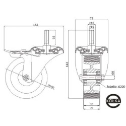 Koło fi. 100 mm aluminiowo-poliuretanowe w obud. z trzpieniem M10 i hamulcem, N: 100kg / A16PH*M10