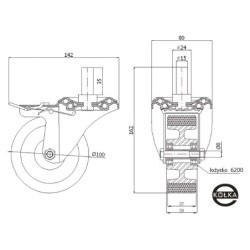 Koło fi. 100 mm aluminiowo-poliuretanowe w obud. z bolcem 15 i hamulcem, N: 100kg / A16PH*15