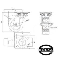 Koło fi. 100 mm aluminiowo-poliuretanowe w obud. skrętnej z hamulcem, N: 250kg / A15PWH