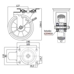 Koło fi. 160 mm aluminiowo-poliuretanowe w obud. skrętnej, N: 400kg OPONKA RADIALNA / A42PRW