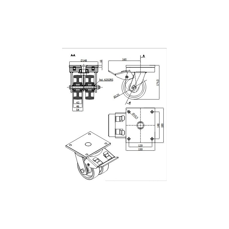 Tandem tworzywo fi. 125mm skr.spawane z ham/ 25BNDH2