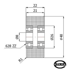 Rolka tworzywowa fi. 48 mm otw.8mm  / R-48-22/8