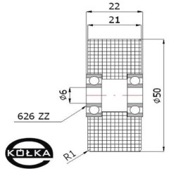 Rolka tworzywowa fi. 50 mm otw.6mm / R-50-22/6