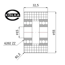 Rolka tworzywowa fi. 55 mm otw.15mm / R-55-33/15